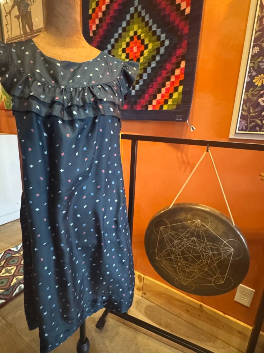 Vintage 100% Silk Medium Mini Dress Navy Blue Flare Sleeve